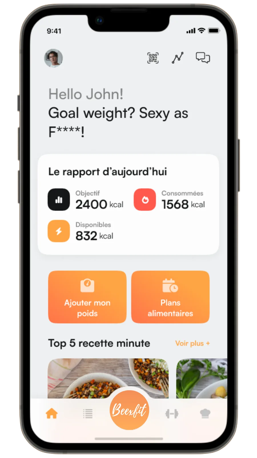 Tableau de bord de l'application Beexfit