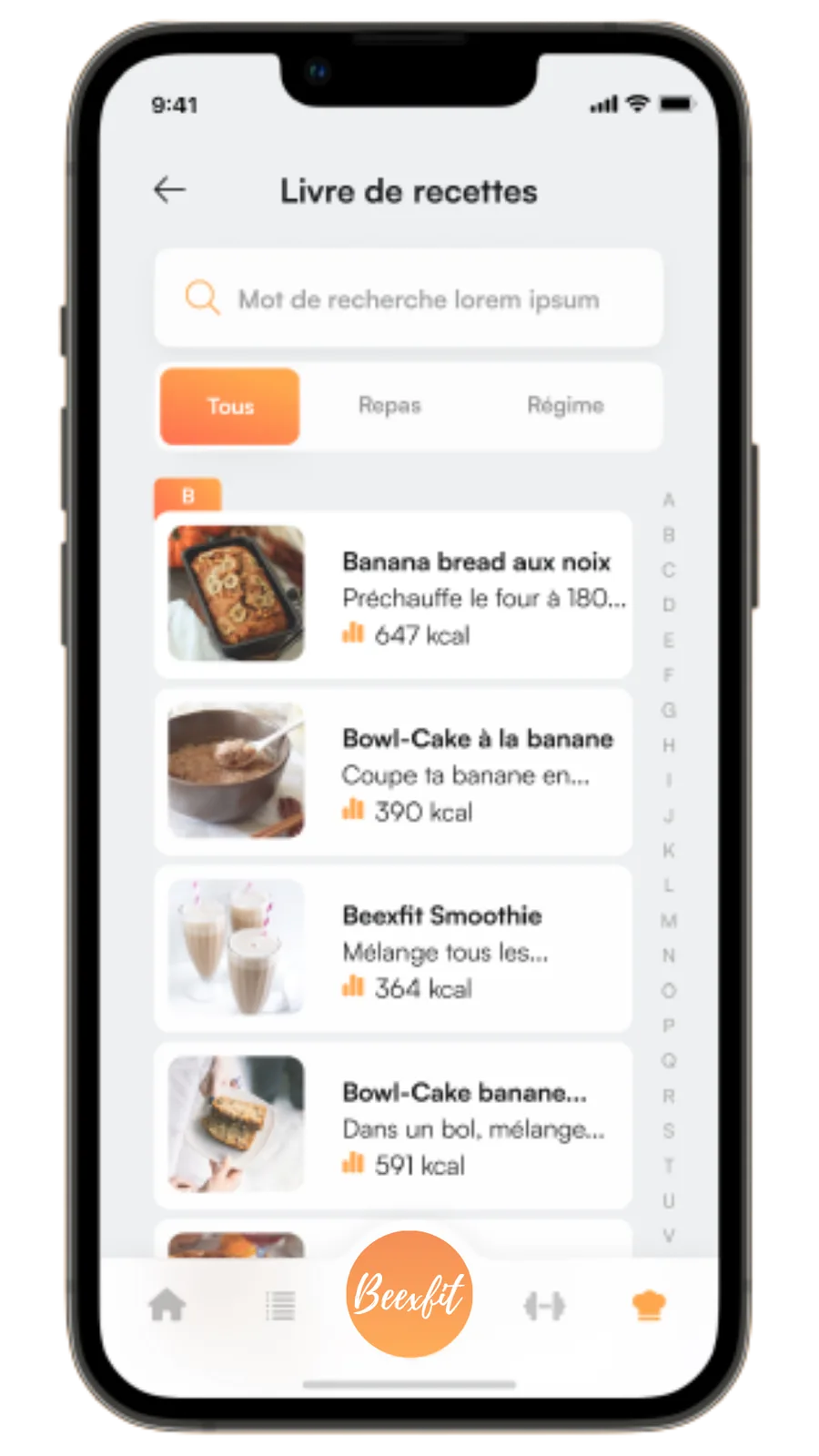 Livre de recettes de l'application Beexfit